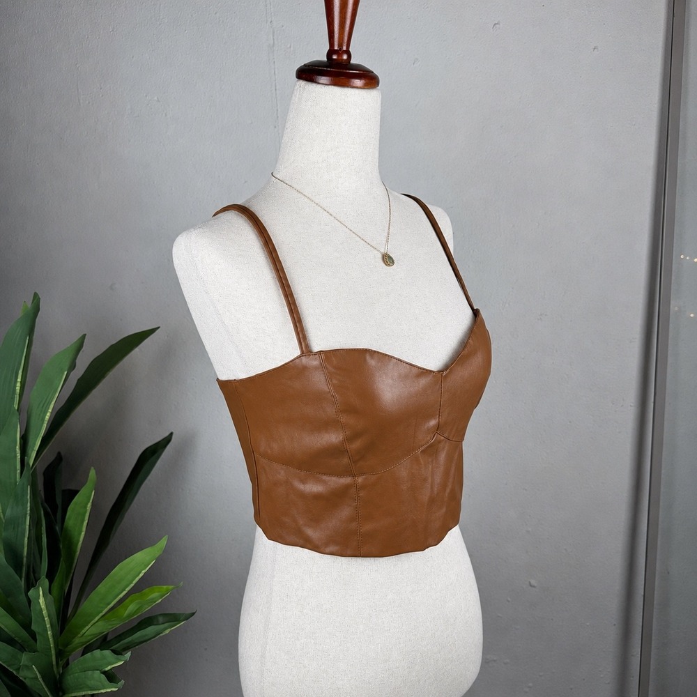 Festival Y2K Edgy Windsor Corset Crop Top Women Size L Brown Vegan Leather